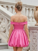 Satin A Line Off the Shoulder Sleeveless Flower Bud Short Homecoming Dresses