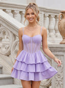 Chiffon Sweetheart A Line Sleeveless Corset Tiered Short Homecoming Dresses