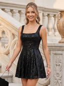 Square Neck Sequin A Line Sleeveless Short Homecoming Dresses