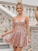 Sequin Spaghetti Straps A Line Sleeveless Corset Short Homecoming Dresses