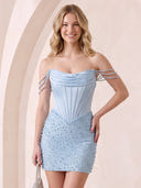 Satin Off the Shoulder Mermaid Sleeveless Corset Rhinestone Short Homecoming Dresses