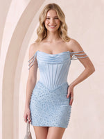 Satin Off the Shoulder Mermaid Sleeveless Corset Rhinestone Short Homecoming Dresses