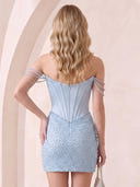 Satin Off the Shoulder Mermaid Sleeveless Corset Rhinestone Short Homecoming Dresses