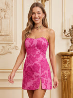 Satin Mermaid Strapless Sleeveless Jacquard Short Homecoming Dresses with Slit