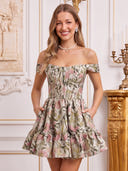 Off the Shoulder Satin A Line Sleeveless Corset Floral Print Short Homecoming Dresses