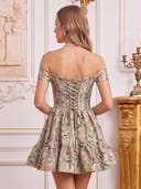 Off the Shoulder Satin A Line Sleeveless Corset Floral Print Short Homecoming Dresses