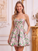 Satin Strapless A Line Sleeveless Jacquard Flower Bud Short Homecoming Dresses