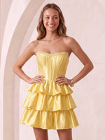 Strapless Satin A Line Sleeveless Tiered Corset Short Homecoming Dresses