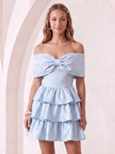 Satin Off the Shoulder A Line Sleeveless Tiered Jacquard Short Homecoming Dresses