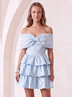 Satin Off the Shoulder A Line Sleeveless Tiered Jacquard Short Homecoming Dresses