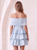Satin Off the Shoulder A Line Sleeveless Tiered Jacquard Short Homecoming Dresses