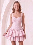 Satin Sweetheart A Line Sleeveless Jacquard Tiered Short Homecoming Dresses