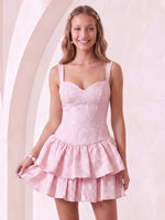 Satin Sweetheart A Line Sleeveless Jacquard Tiered Short Homecoming Dresses