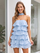 Chiffon A Line Strapless Sleeveless Tiered Short Homecoming Dresses