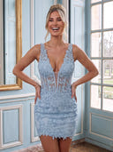 Satin V Neck Mermaid Sleeveless Lace Applique Short Homecoming Dresses