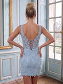 Satin V Neck Mermaid Sleeveless Lace Applique Short Homecoming Dresses