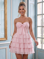 Chiffon A Line Strapless Sleeveless Tiered Short Homecoming Dresses with Bow