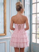 Chiffon A Line Strapless Sleeveless Tiered Short Homecoming Dresses with Bow