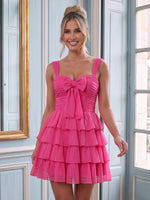 Chiffon A Line Sweetheart Sleeveless Tiered Short Homecoming Dresses with Bow