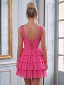 Chiffon A Line Sweetheart Sleeveless Tiered Short Homecoming Dresses with Bow