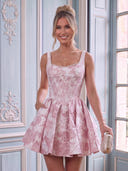 Satin Square Neck A Line Sleeveless Jacquard Corset Short Homecoming Dresses