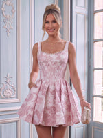 Satin Square Neck A Line Sleeveless Jacquard Corset Short Homecoming Dresses
