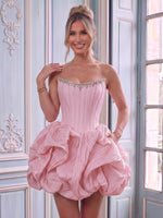 Strapless Satin A Line Sleeveless Flower Bud Short Homecoming Dresses
