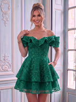 Satin A Line Off the Shoulder Sleeveless Tiered Lace Applique Short Homecoming Dresses