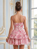 Tulle A Line Sleeveless Sweetheart Corset Floral Print Short Homecoming Dresses