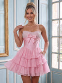 Chiffon Strapless A Line Sleeveless Tiered Corset Short Homecoming Dresses