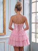 Chiffon Strapless A Line Sleeveless Tiered Corset Short Homecoming Dresses