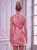Satin Sheath Stand Collar Sleeveless Jacquard Short Homecoming Dresses