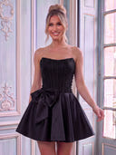 Satin Strapless A Line Sleeveless Rhinestone Short Homecoming Dresses with Bow