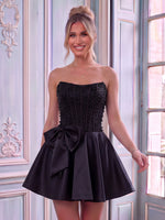 Satin Strapless A Line Sleeveless Rhinestone Short Homecoming Dresses with Bow