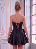 Satin Strapless A Line Sleeveless Rhinestone Short Homecoming Dresses with Bow