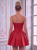 Satin A Line Strapless Sleeveless Lace Applique Short Homecoming Dresses