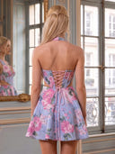 Satin A Line Halter Sleeveless Floral Print Corset Short Homecoming Dresses