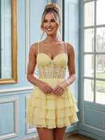 Chiffon A Line Sweetheart Sleeveless Corset Tiered Lace Applique Short Homecoming Dresses