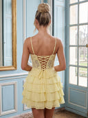 Chiffon A Line Sweetheart Sleeveless Corset Tiered Lace Applique Short Homecoming Dresses