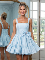 Satin Square Neck A Line Sleeveless Short Homecoming Dresses with Bow