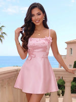 3D Flowers Satin A Line Square Neck Sleeveless Short Homecoming Dresses