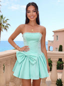 Satin Strapless Sleeveless A Line Pleated Short Homecoming Dresses with Bow