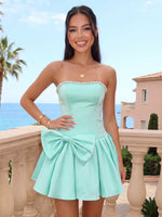 Satin Strapless Sleeveless A Line Pleated Short Homecoming Dresses with Bow