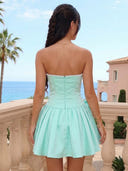 Satin Strapless Sleeveless A Line Pleated Short Homecoming Dresses with Bow