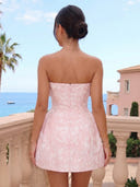 Jacquard Satin Strapless Sleeveless Short Homecoming Dresses with Bow