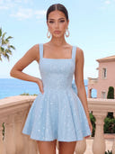 Sequins A Line Square Neck Sleeveless Pleated Short Homecoming Dresses with Bow