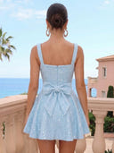 Sequins A Line Square Neck Sleeveless Pleated Short Homecoming Dresses with Bow