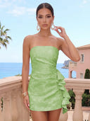 Pleated Jacquard Satin Sheath Strapless Ruffles Short Homecoming Dresses
