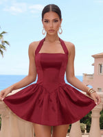 Satin A Line Halter Sleeveless Pleated Short Homecoming Dresses