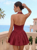 Satin A Line Halter Sleeveless Pleated Short Homecoming Dresses